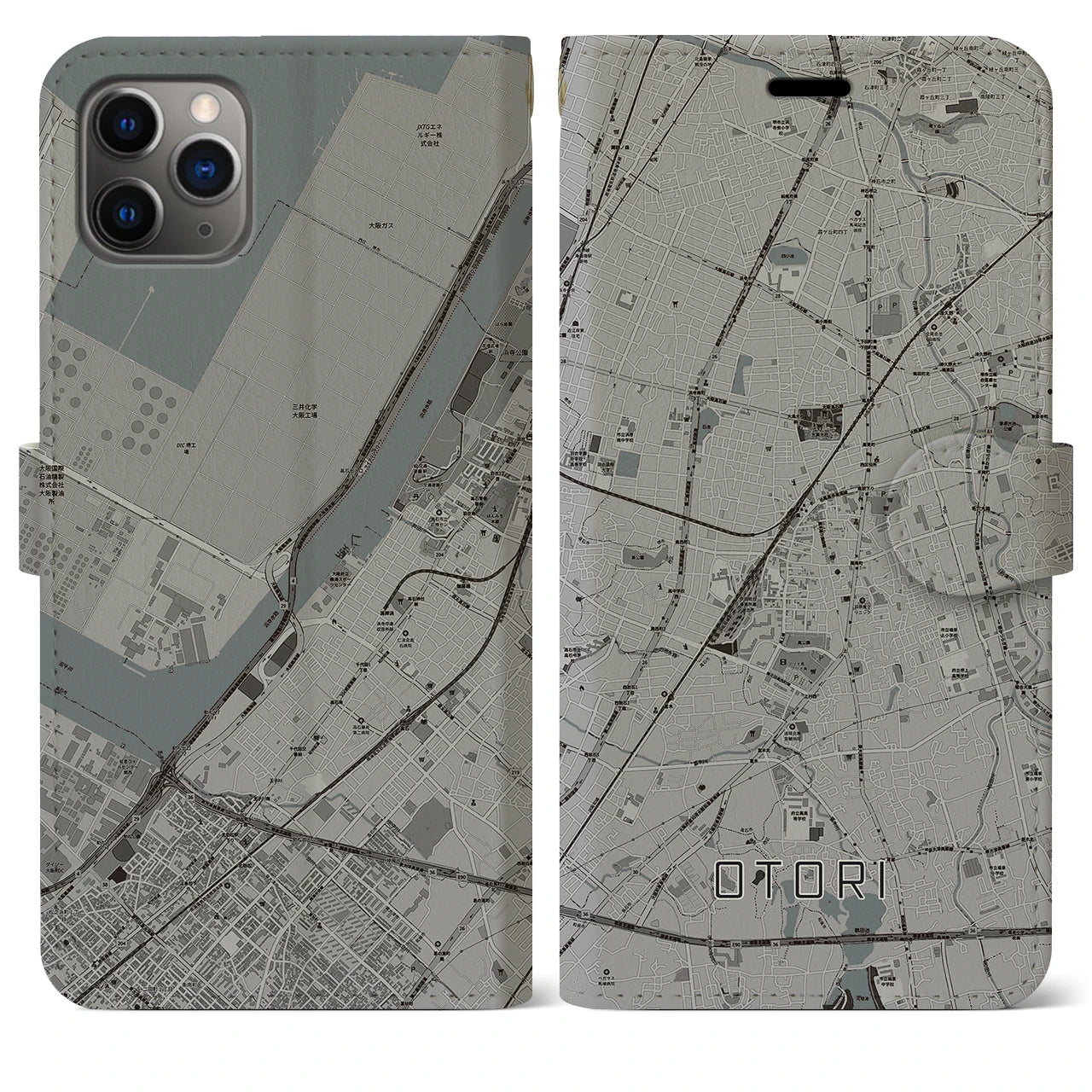 【鳳(大阪府)】地図柄iPhoneケース(手帳タイプ)モノトーン・iPhone 11 Pro Max 用