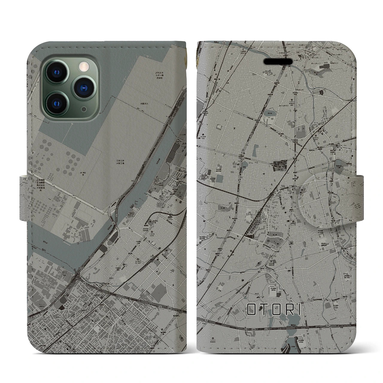 【鳳(大阪府)】地図柄iPhoneケース(手帳タイプ)モノトーン・iPhone 11 Pro 用