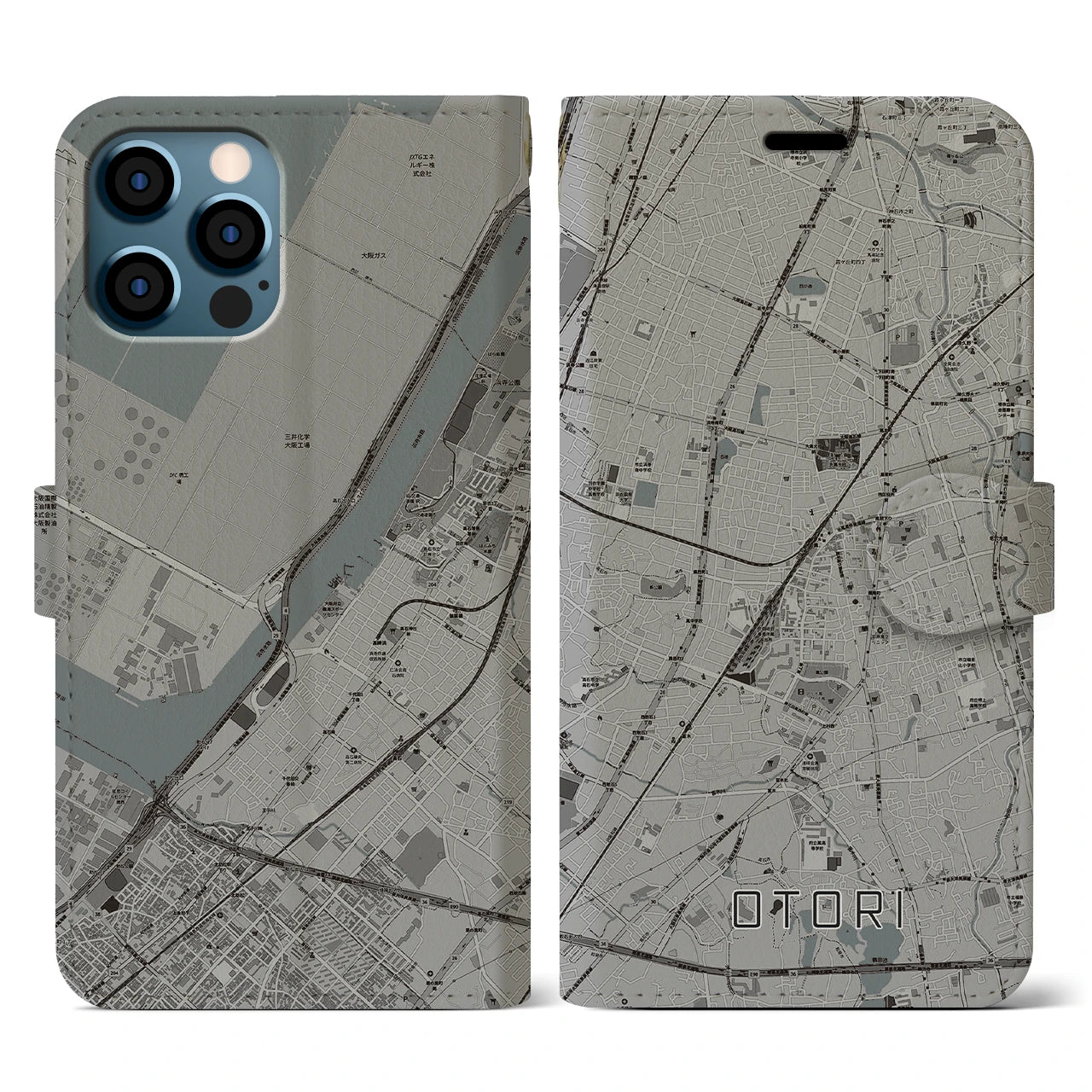 【鳳(大阪府)】地図柄iPhoneケース(手帳タイプ)モノトーン・iPhone 12 / 12 Pro 用