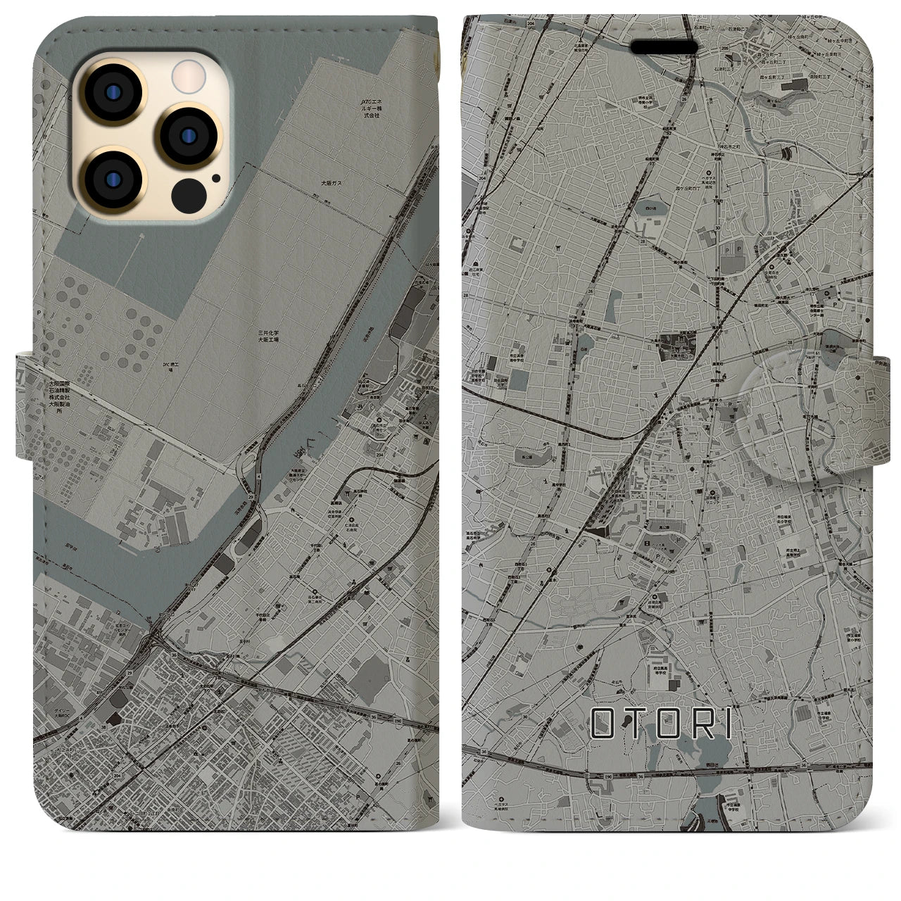 【鳳(大阪府)】地図柄iPhoneケース(手帳タイプ)モノトーン・iPhone 12 Pro Max 用