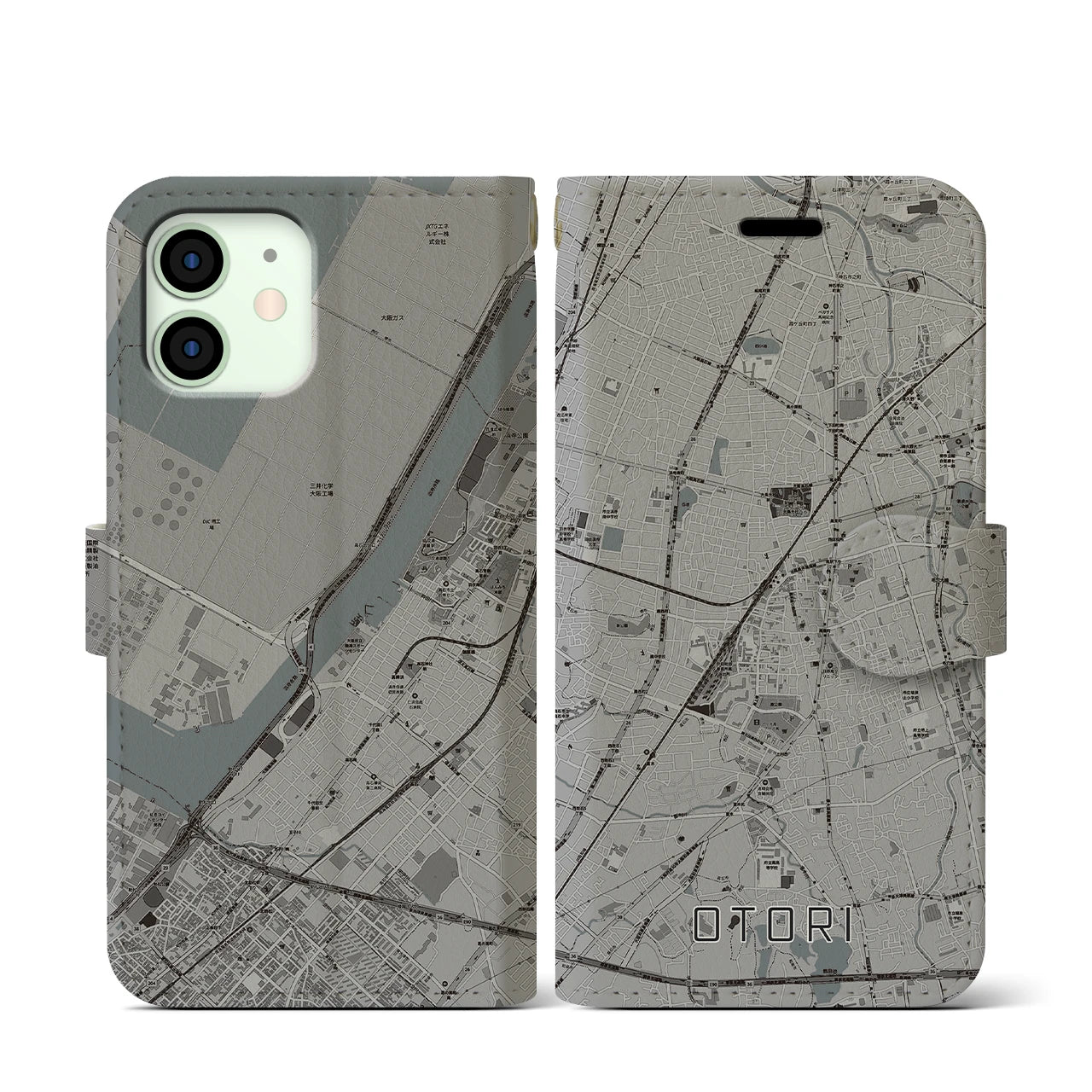【鳳(大阪府)】地図柄iPhoneケース(手帳タイプ)モノトーン・iPhone 12 mini 用
