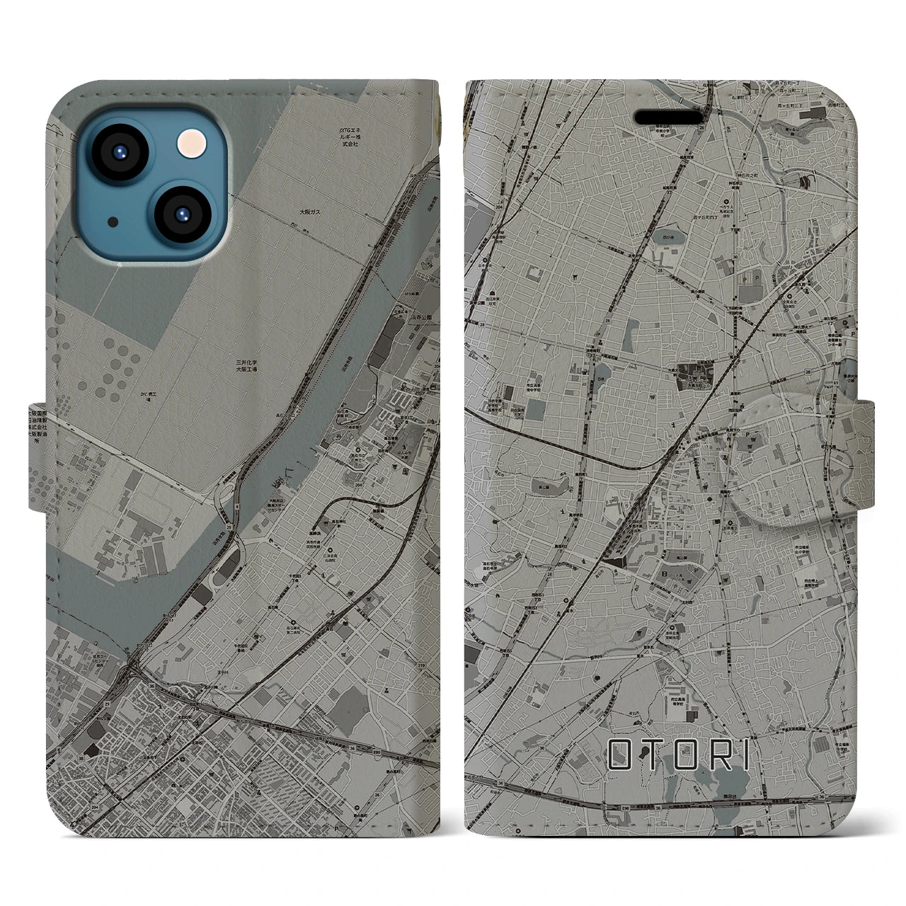 【鳳(大阪府)】地図柄iPhoneケース(手帳タイプ)モノトーン・iPhone 13 用