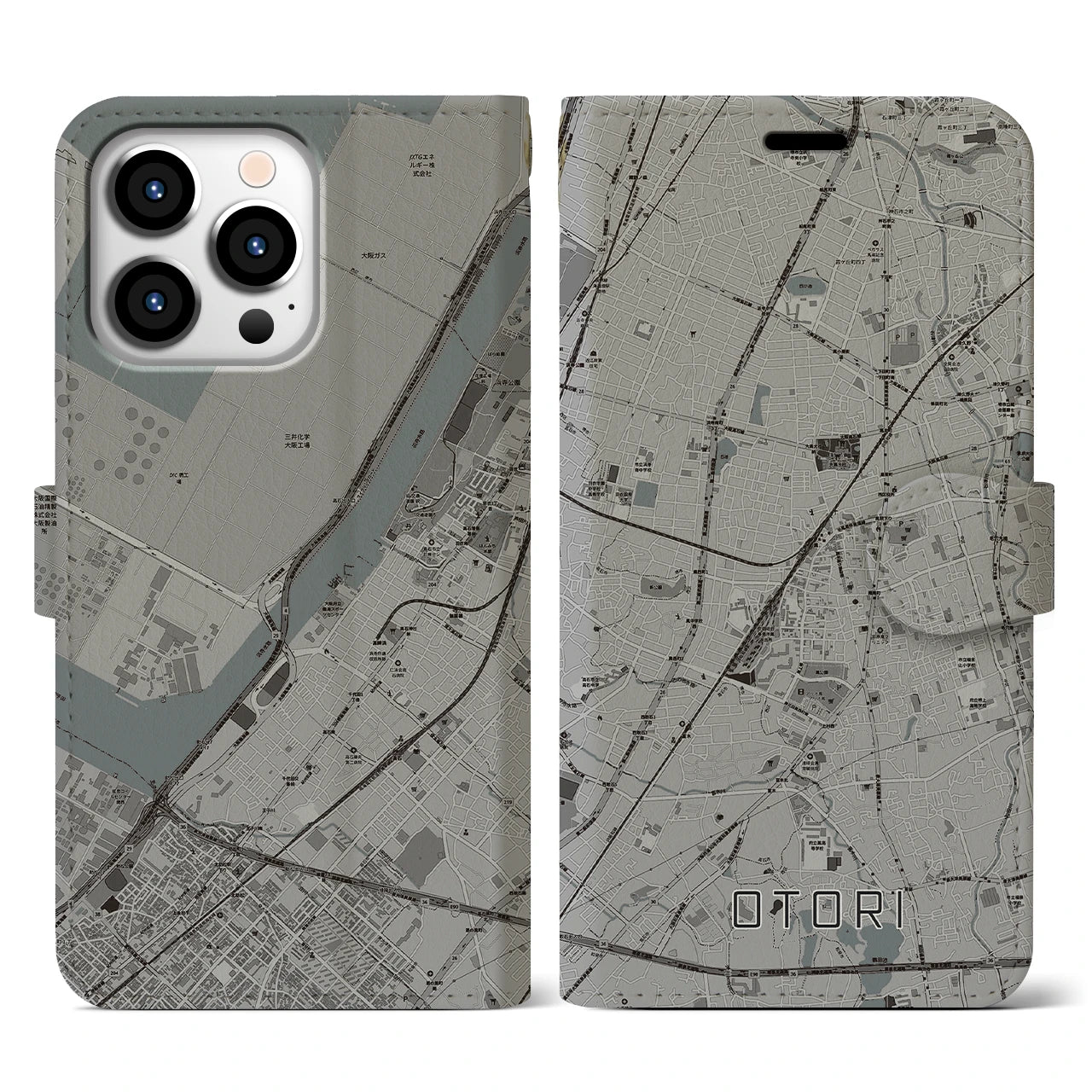 【鳳(大阪府)】地図柄iPhoneケース(手帳タイプ)モノトーン・iPhone 13 Pro 用