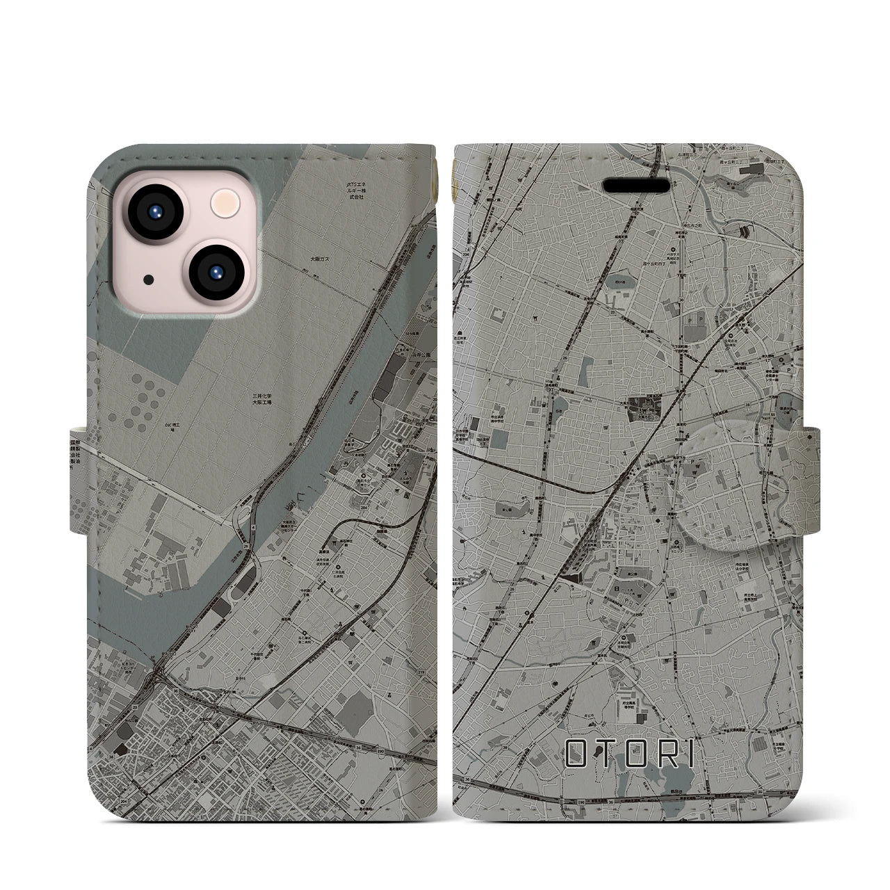 【鳳(大阪府)】地図柄iPhoneケース(手帳タイプ)モノトーン・iPhone 13 mini 用