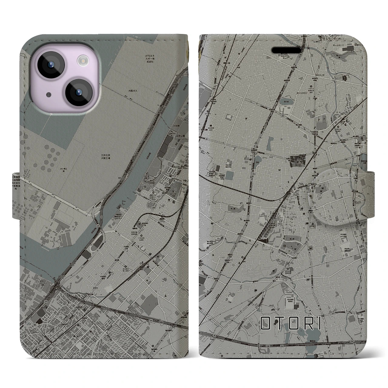 【鳳(大阪府)】地図柄iPhoneケース(手帳タイプ)モノトーン・iPhone 14 用