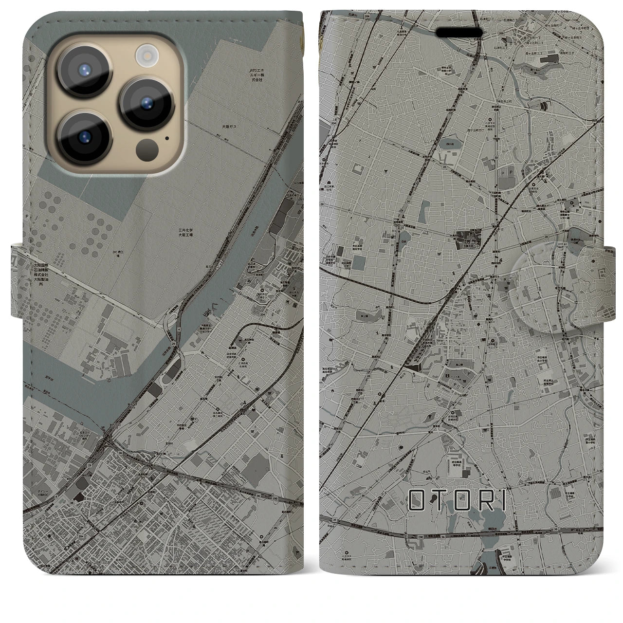 【鳳(大阪府)】地図柄iPhoneケース(手帳タイプ)モノトーン・iPhone 14 Pro Max 用