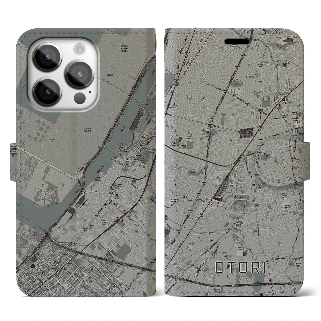 【鳳(大阪府)】地図柄iPhoneケース(手帳タイプ)モノトーン・iPhone 14 Pro 用