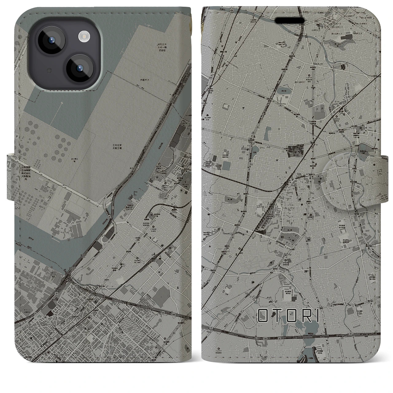 【鳳(大阪府)】地図柄iPhoneケース(手帳タイプ)モノトーン・iPhone 14 Plus 用