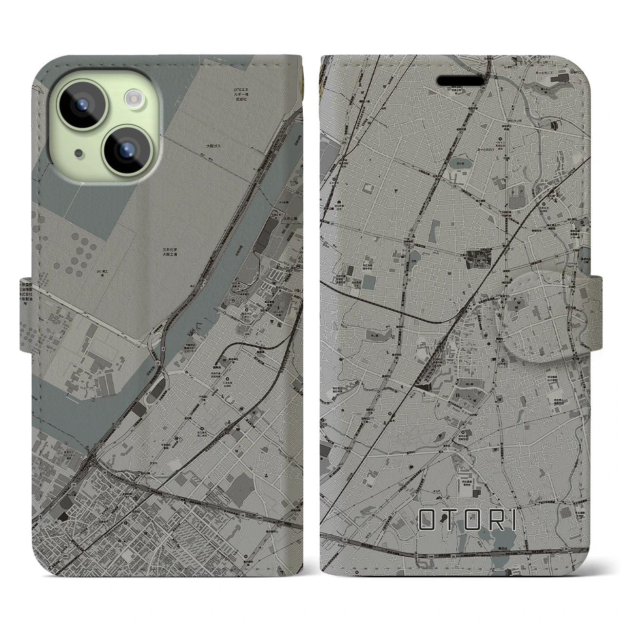 【鳳(大阪府)】地図柄iPhoneケース(手帳タイプ)モノトーン・iPhone 15 用