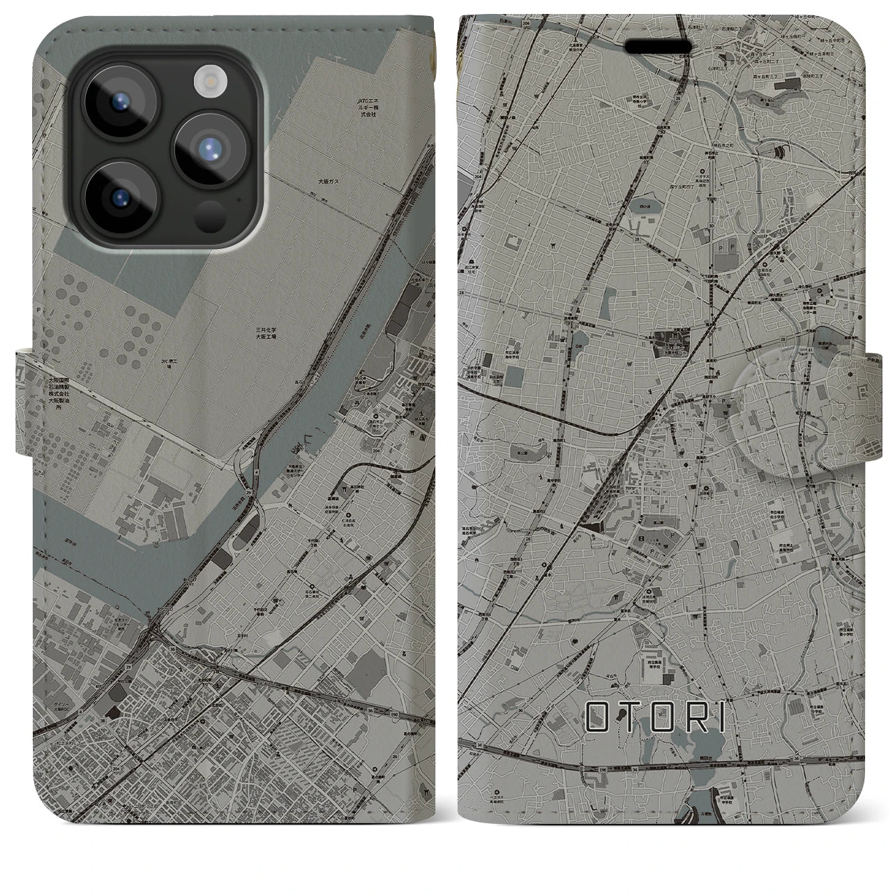 【鳳(大阪府)】地図柄iPhoneケース(手帳タイプ)モノトーン・iPhone 15 Pro Max 用
