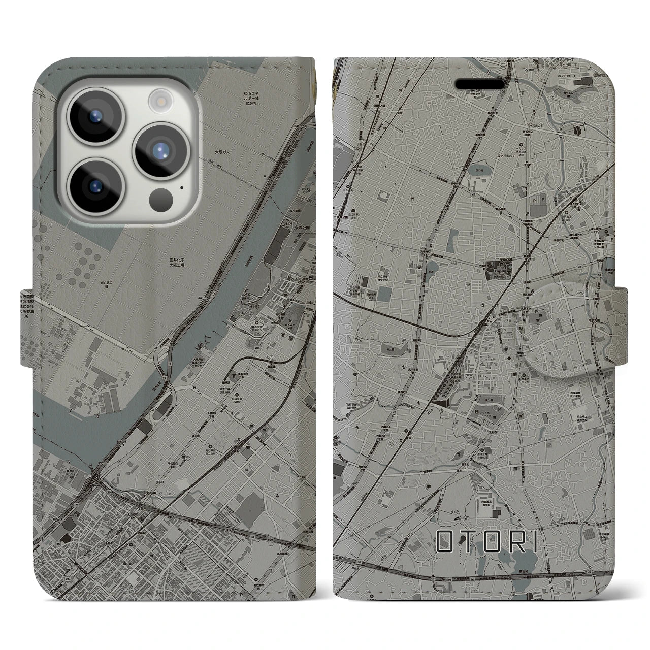 【鳳(大阪府)】地図柄iPhoneケース(手帳タイプ)モノトーン・iPhone 15 Pro 用