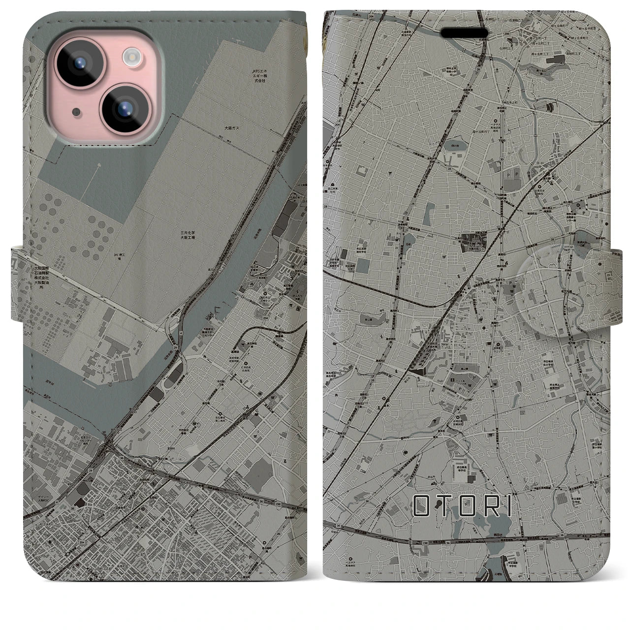 【鳳(大阪府)】地図柄iPhoneケース(手帳タイプ)モノトーン・iPhone 15 Plus 用