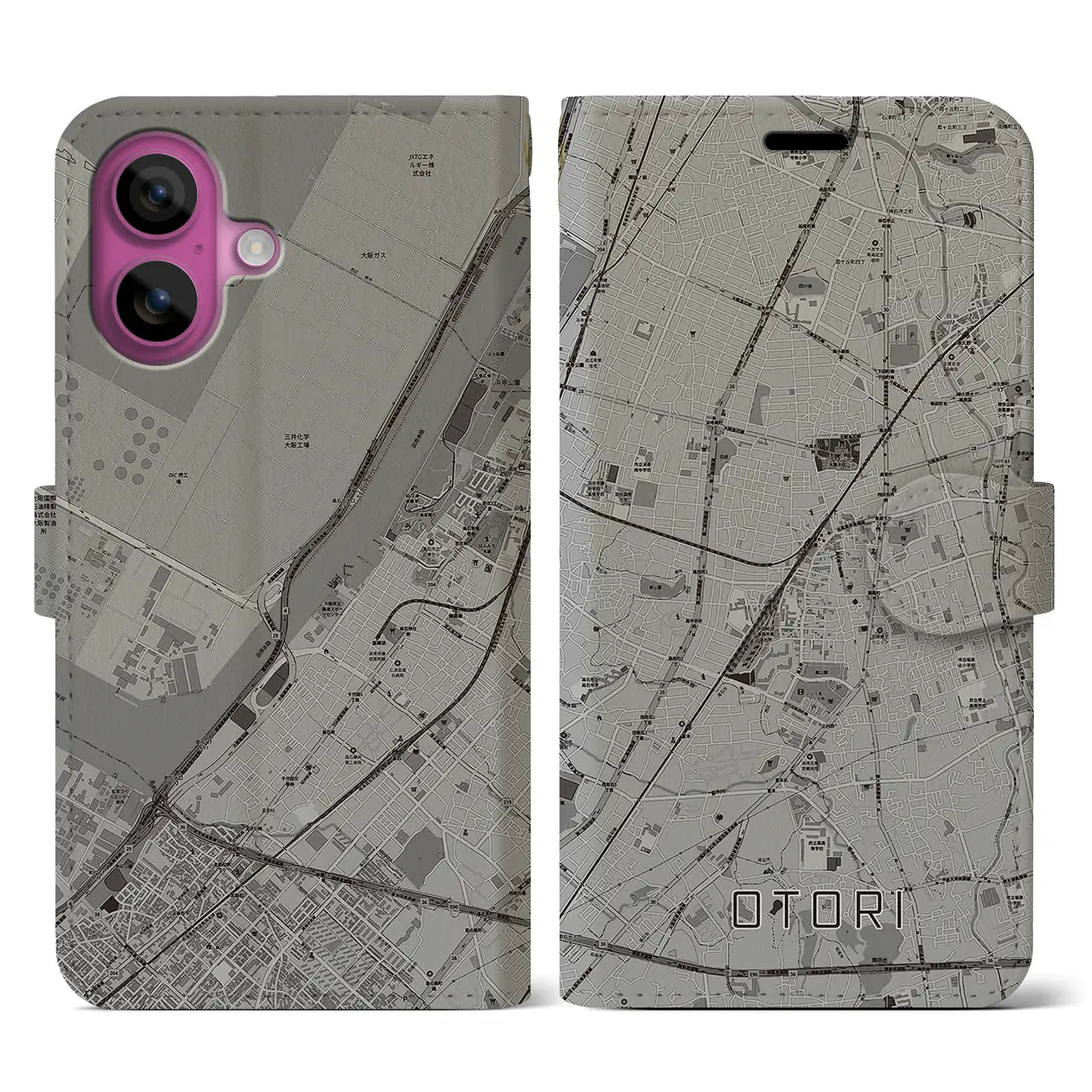 【鳳(大阪府)】地図柄iPhoneケース(手帳タイプ)モノトーン・iPhone 16 Pro 用