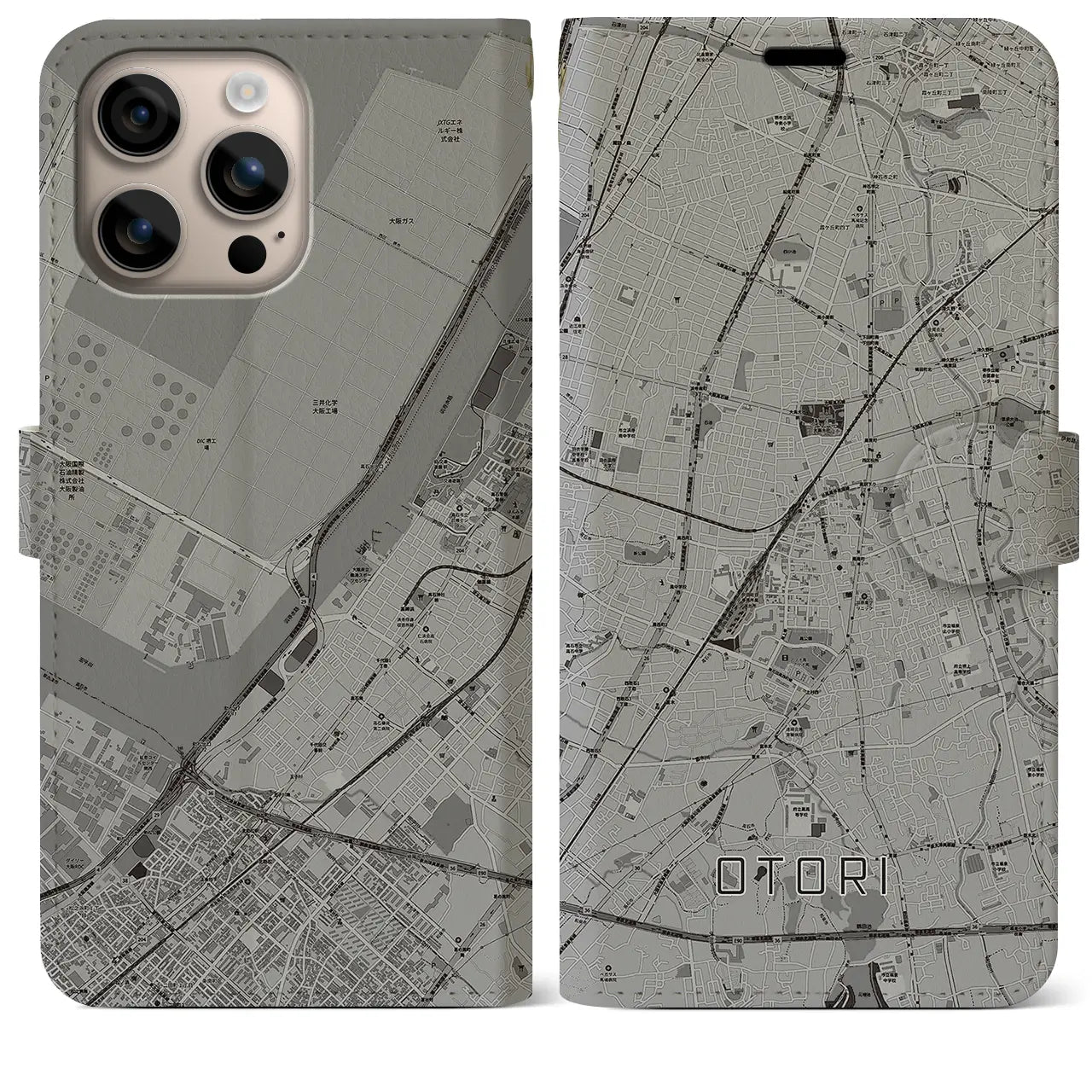 【鳳(大阪府)】地図柄iPhoneケース(手帳タイプ)モノトーン・iPhone 16 Plus 用