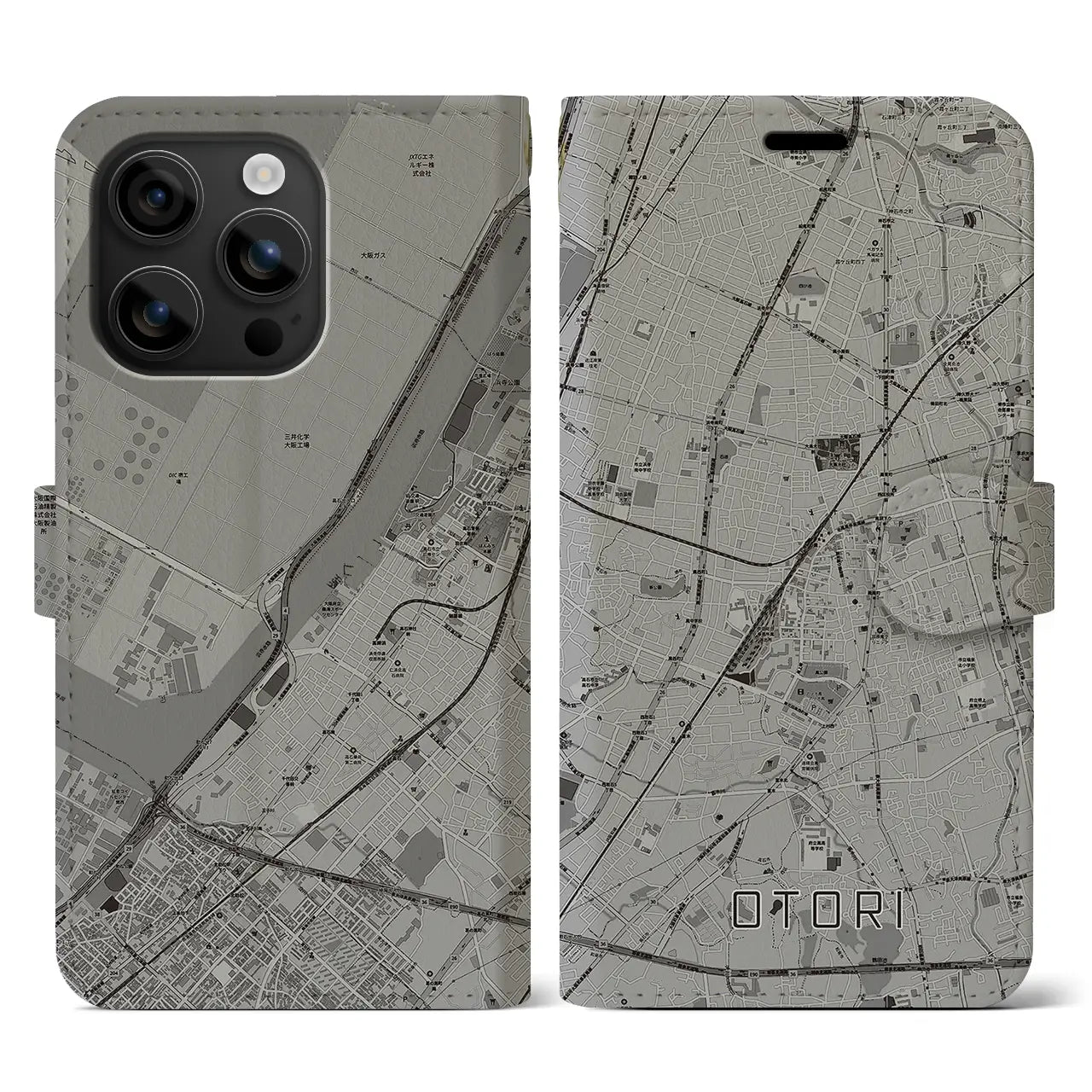 【鳳(大阪府)】地図柄iPhoneケース(手帳タイプ)モノトーン・iPhone 16 用