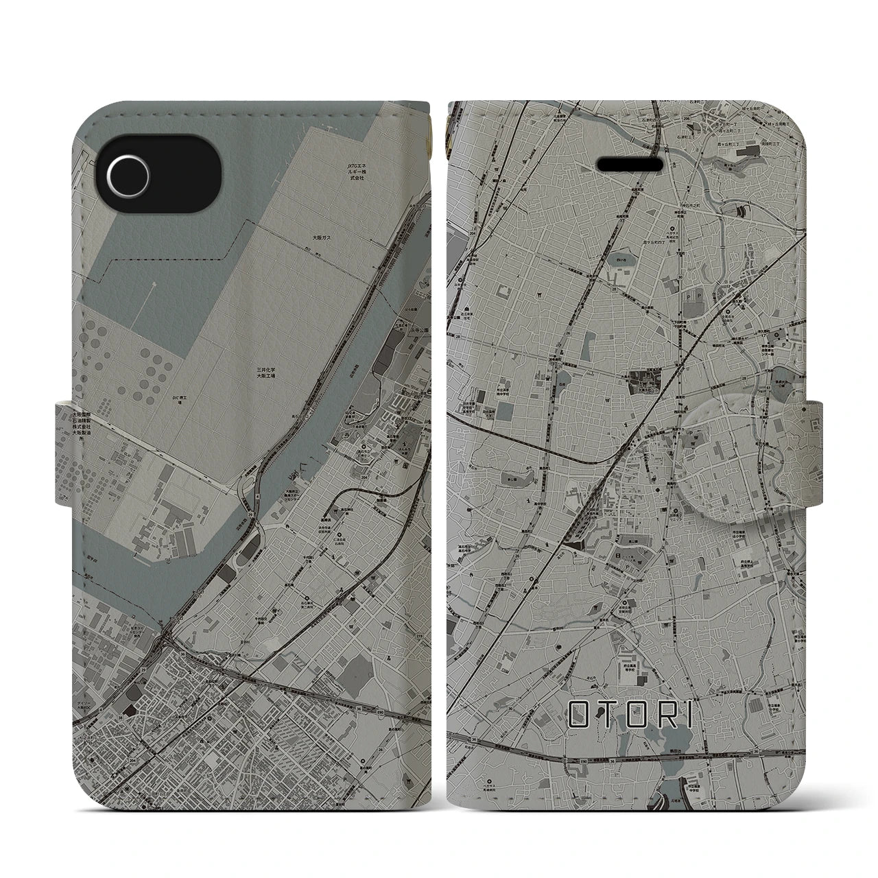 【鳳(大阪府)】地図柄iPhoneケース(手帳タイプ)モノトーン・iPhone SE(第3 / 第2世代) / 8 / 7 / 6s / 6 用