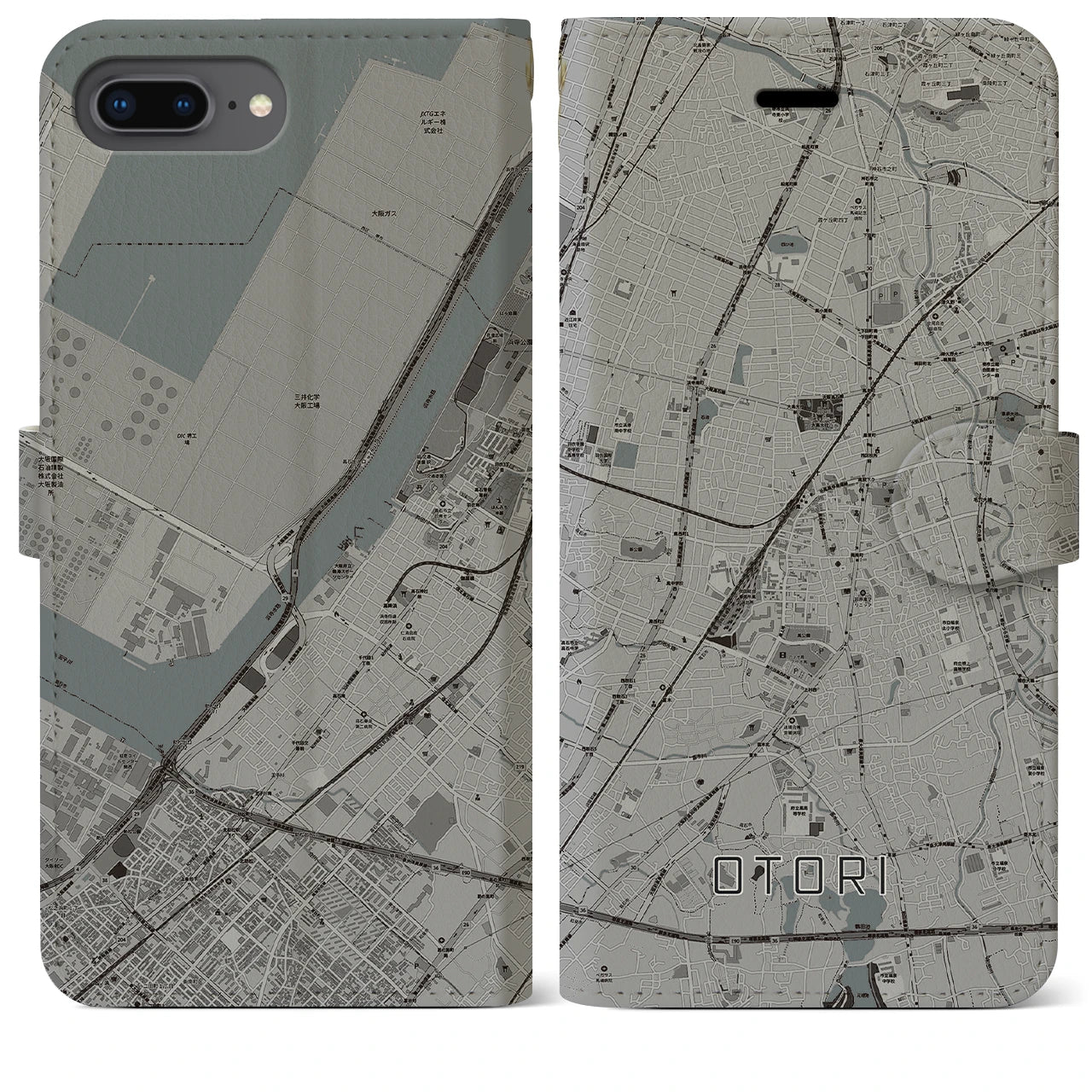 【鳳(大阪府)】地図柄iPhoneケース(手帳タイプ)モノトーン・iPhone 8Plus /7Plus / 6sPlus / 6Plus 用