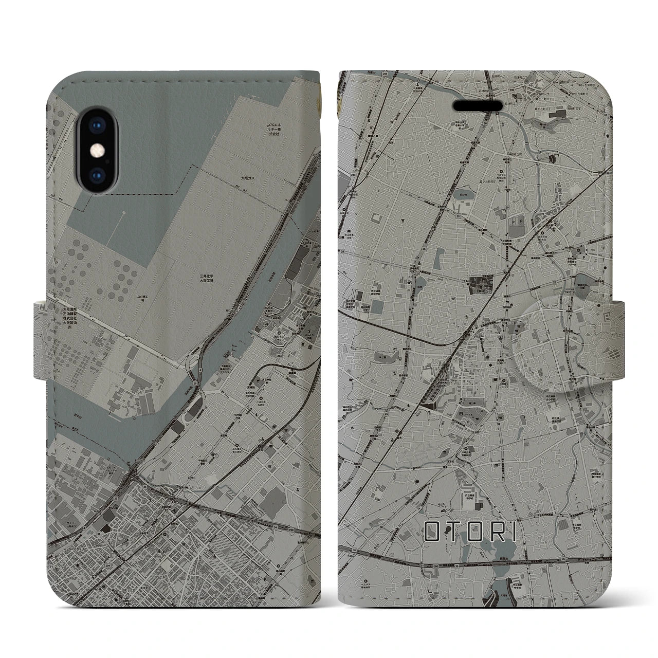 【鳳(大阪府)】地図柄iPhoneケース(手帳タイプ)モノトーン・iPhone XS / X 用