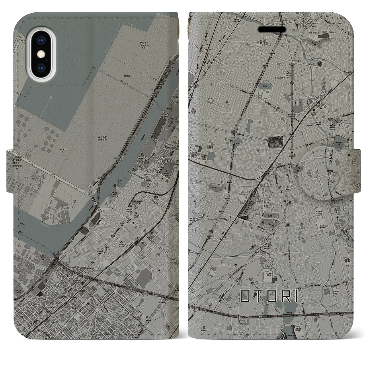 【鳳(大阪府)】地図柄iPhoneケース(手帳タイプ)モノトーン・iPhone XS Max 用