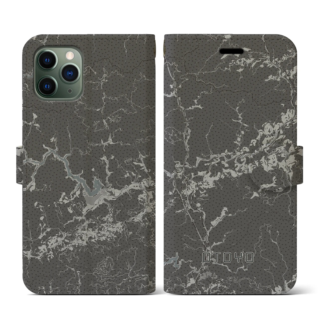 【大豊(高知県)】地図柄iPhoneケース(手帳タイプ)モノトーン・iPhone 11 Pro 用