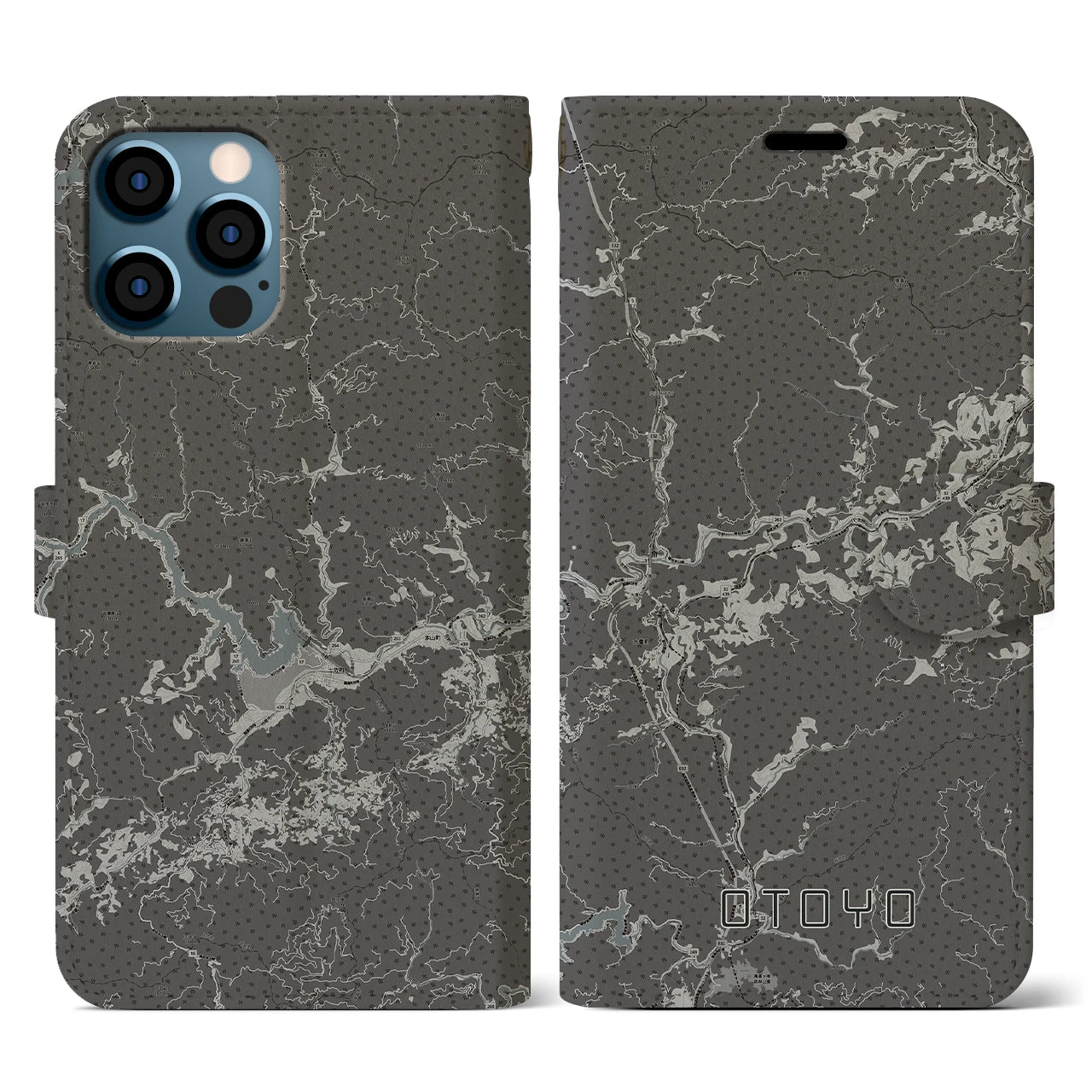 【大豊(高知県)】地図柄iPhoneケース(手帳タイプ)モノトーン・iPhone 12 / 12 Pro 用
