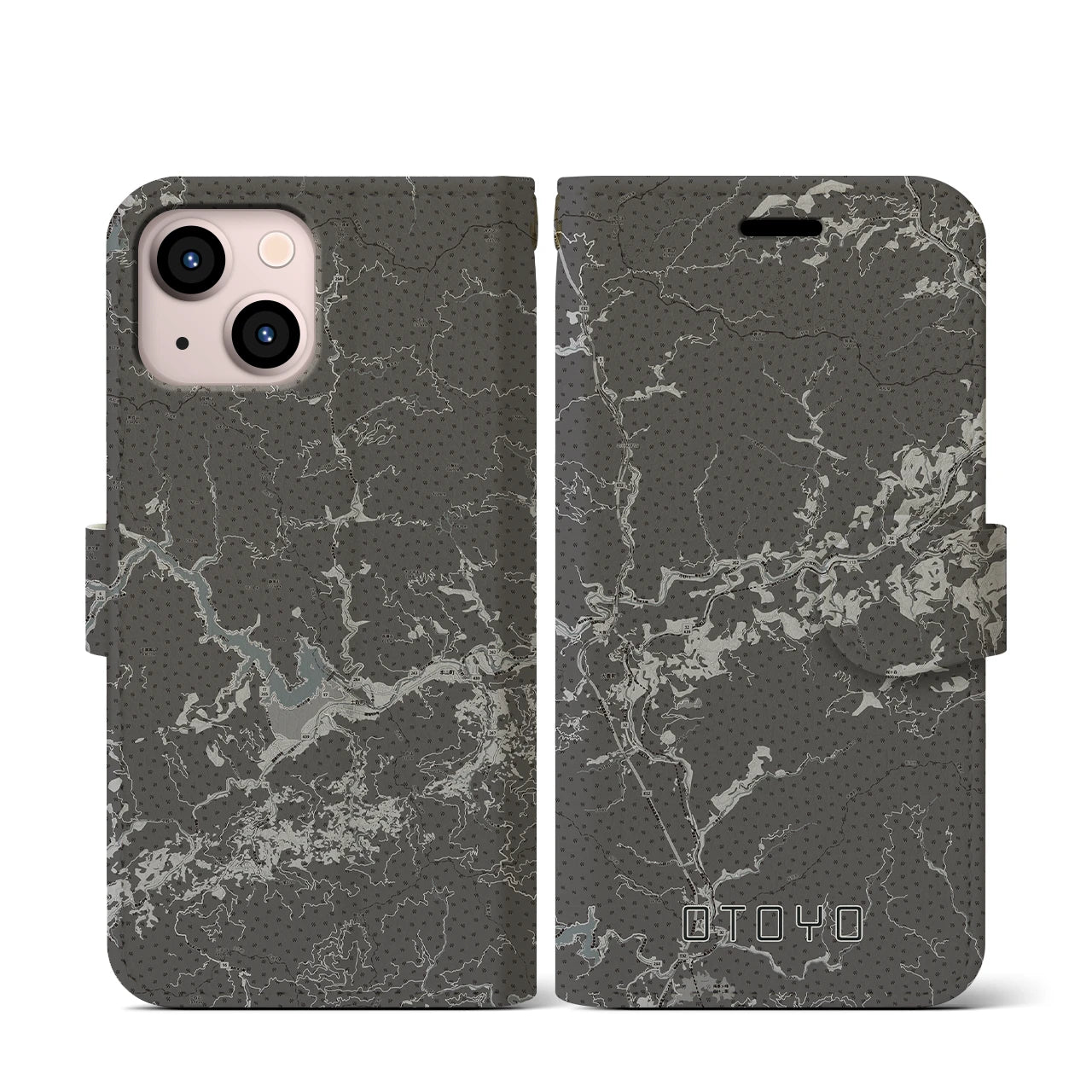【大豊(高知県)】地図柄iPhoneケース(手帳タイプ)モノトーン・iPhone 13 mini 用