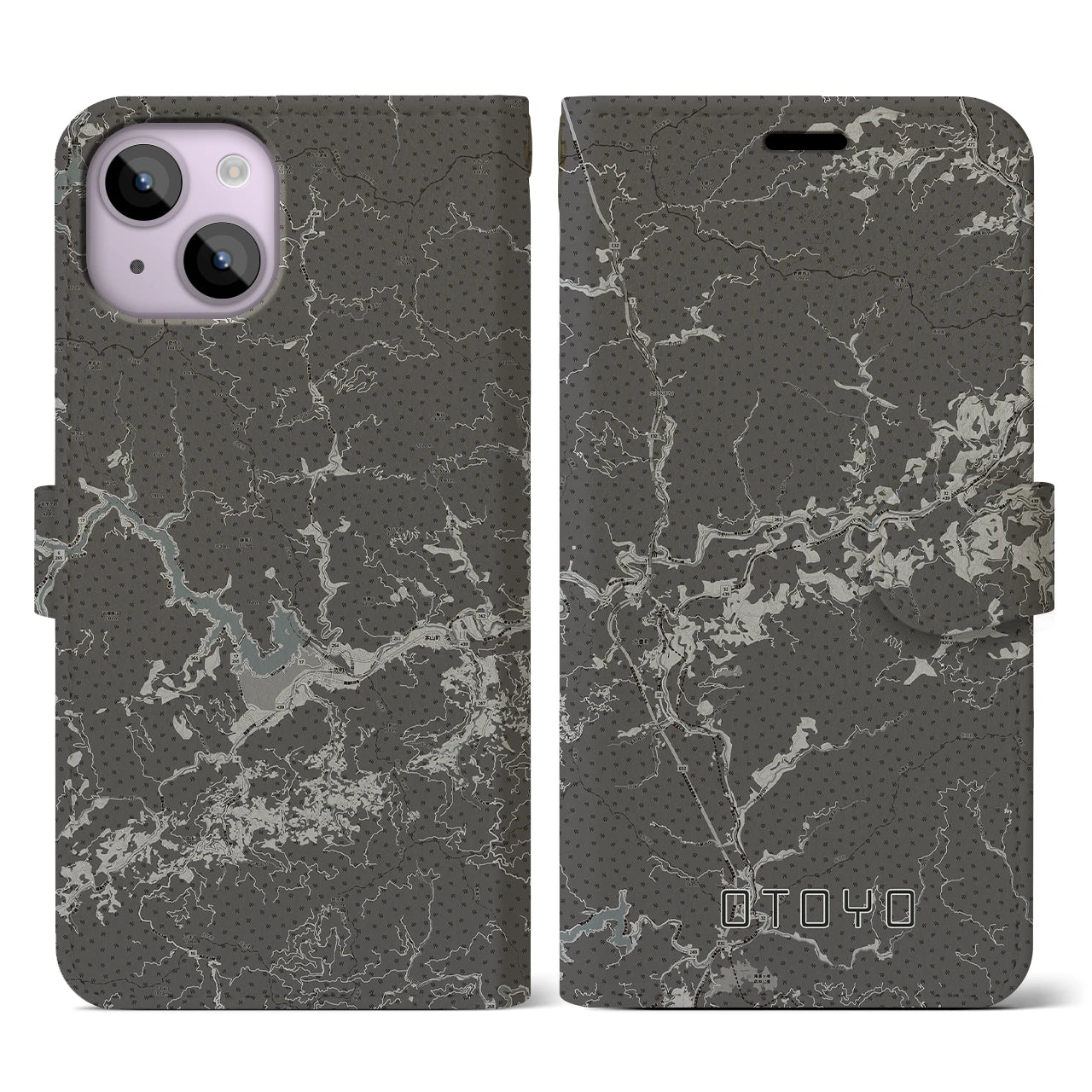 【大豊(高知県)】地図柄iPhoneケース(手帳タイプ)モノトーン・iPhone 14 用