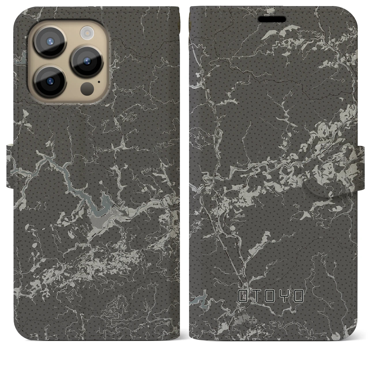 【大豊(高知県)】地図柄iPhoneケース(手帳タイプ)モノトーン・iPhone 14 Pro Max 用