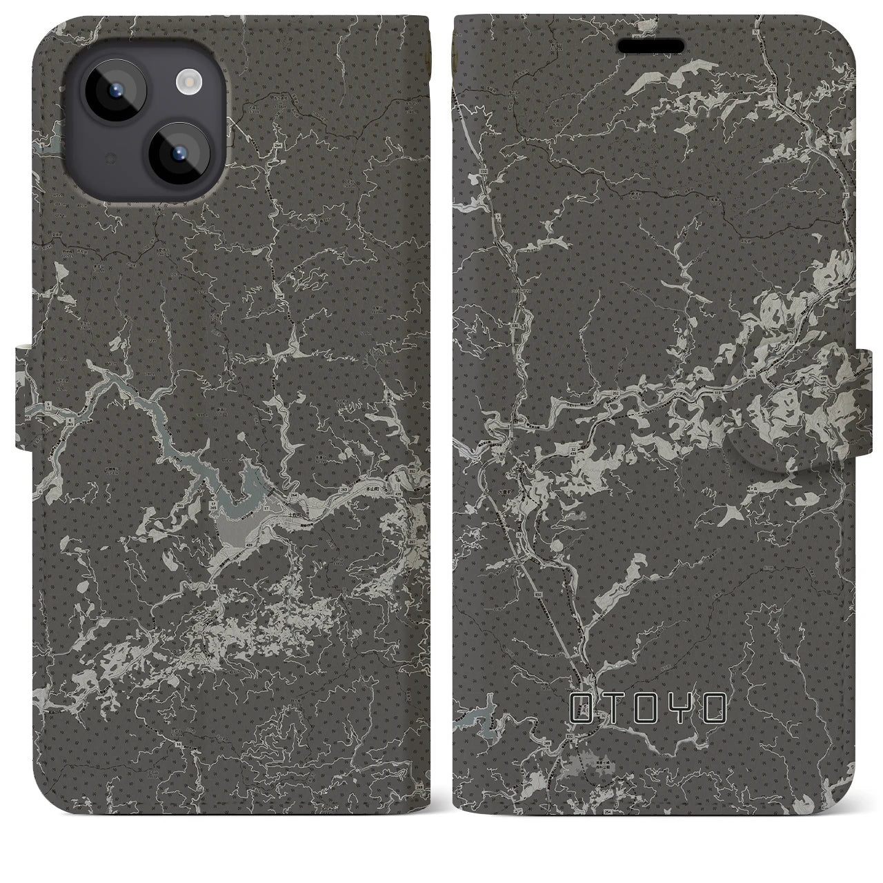 【大豊(高知県)】地図柄iPhoneケース(手帳タイプ)モノトーン・iPhone 14 Plus 用