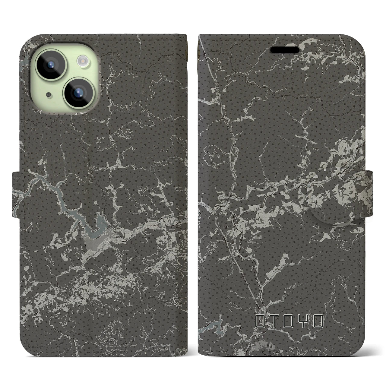 【大豊(高知県)】地図柄iPhoneケース(手帳タイプ)モノトーン・iPhone 15 用
