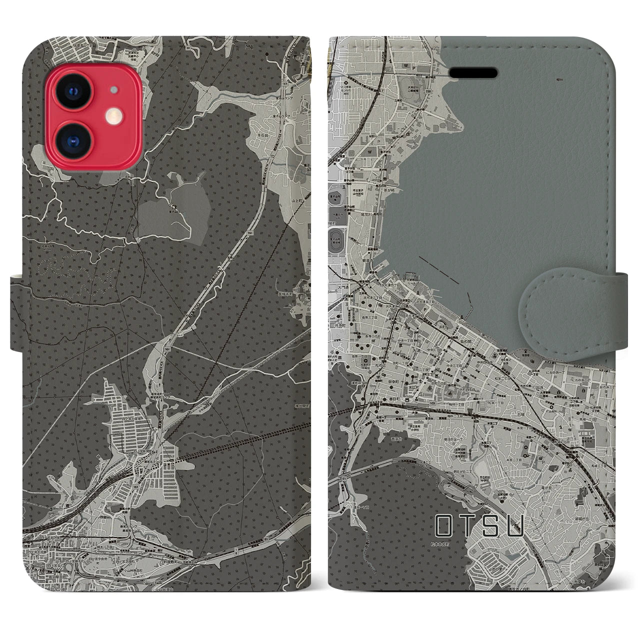 【大津(滋賀県)】地図柄iPhoneケース(手帳タイプ)モノトーン・iPhone 11 用