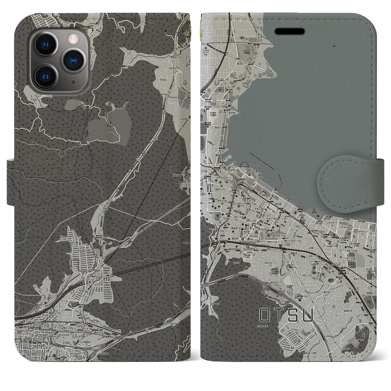【大津(滋賀県)】地図柄iPhoneケース(手帳タイプ)モノトーン・iPhone 11 Pro Max 用