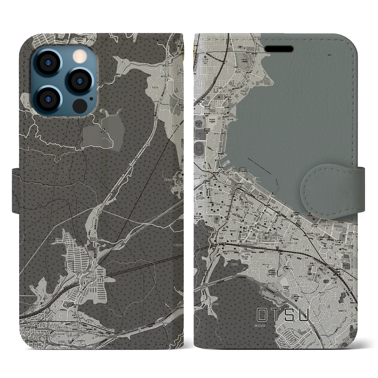 【大津(滋賀県)】地図柄iPhoneケース(手帳タイプ)モノトーン・iPhone 12 / 12 Pro 用