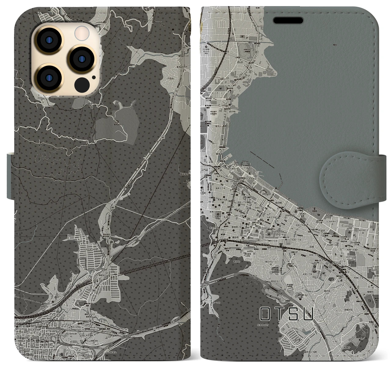 【大津(滋賀県)】地図柄iPhoneケース(手帳タイプ)モノトーン・iPhone 12 Pro Max 用