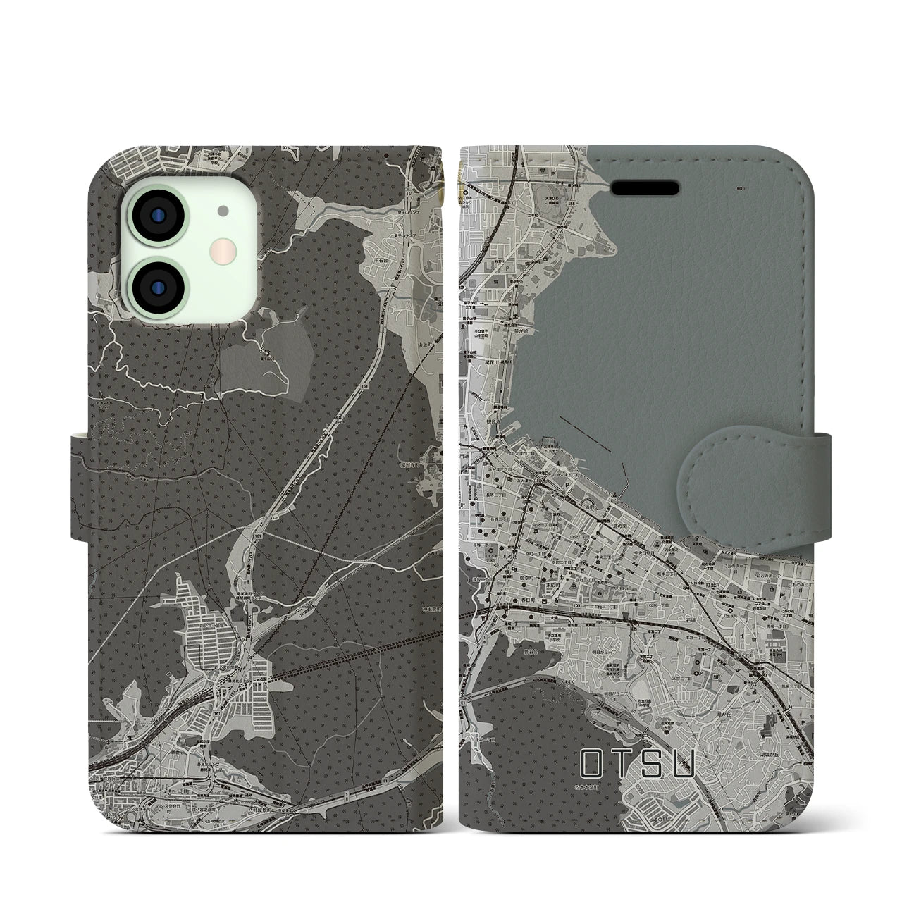 【大津(滋賀県)】地図柄iPhoneケース(手帳タイプ)モノトーン・iPhone 12 mini 用