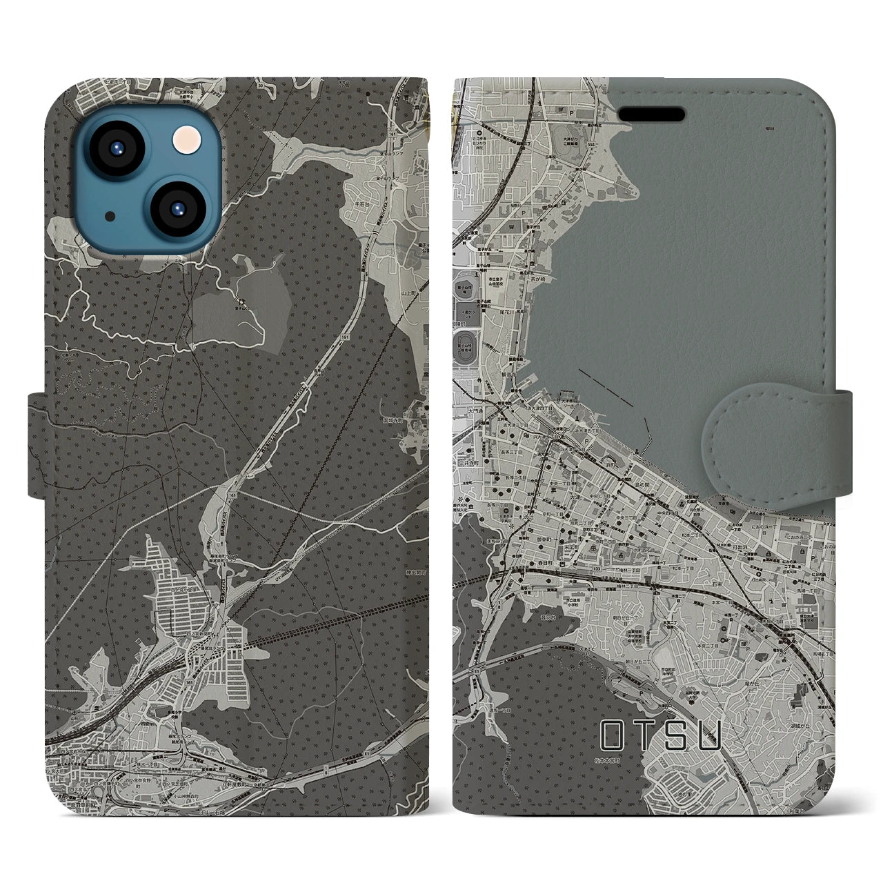 【大津(滋賀県)】地図柄iPhoneケース(手帳タイプ)モノトーン・iPhone 13 用