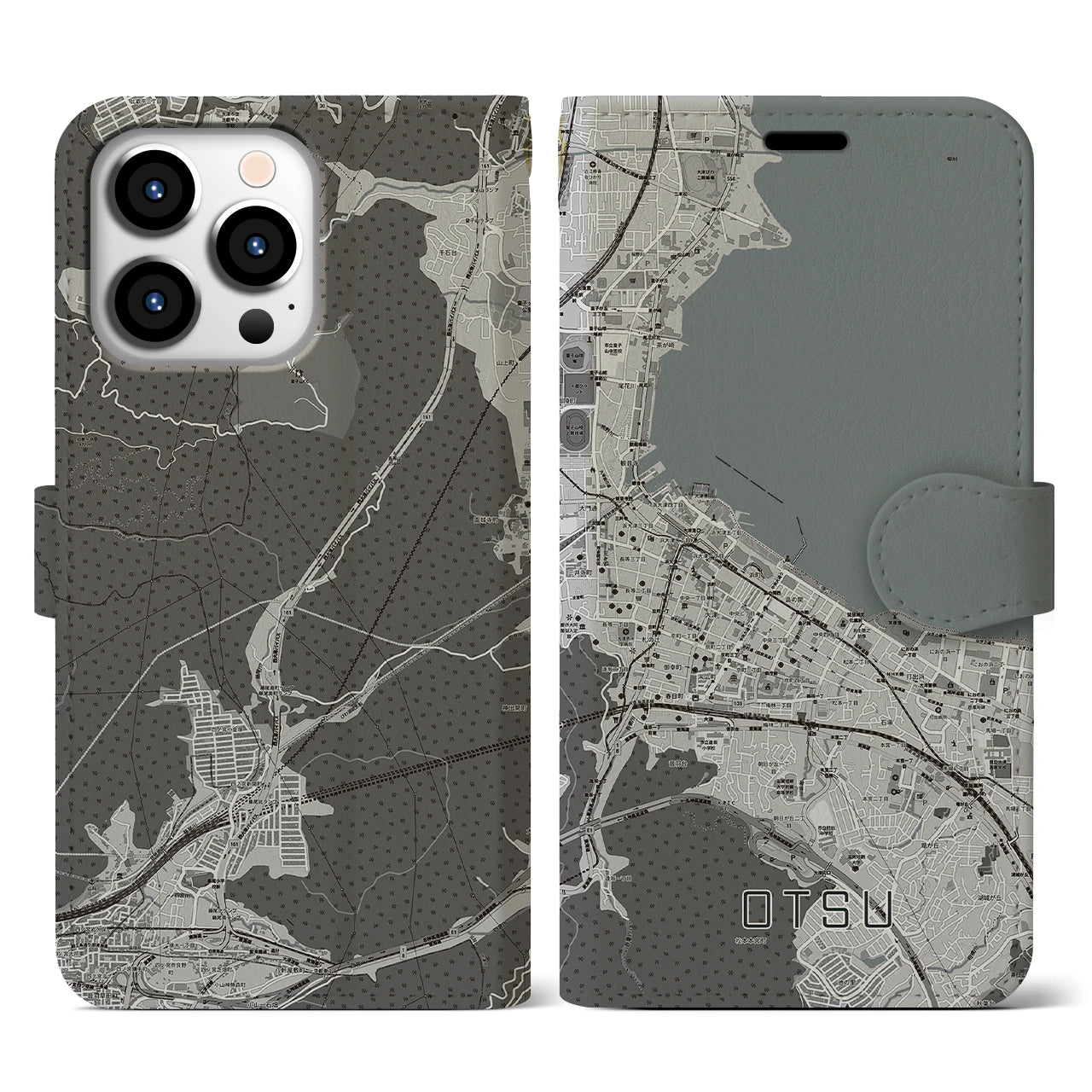 【大津(滋賀県)】地図柄iPhoneケース(手帳タイプ)モノトーン・iPhone 13 Pro 用