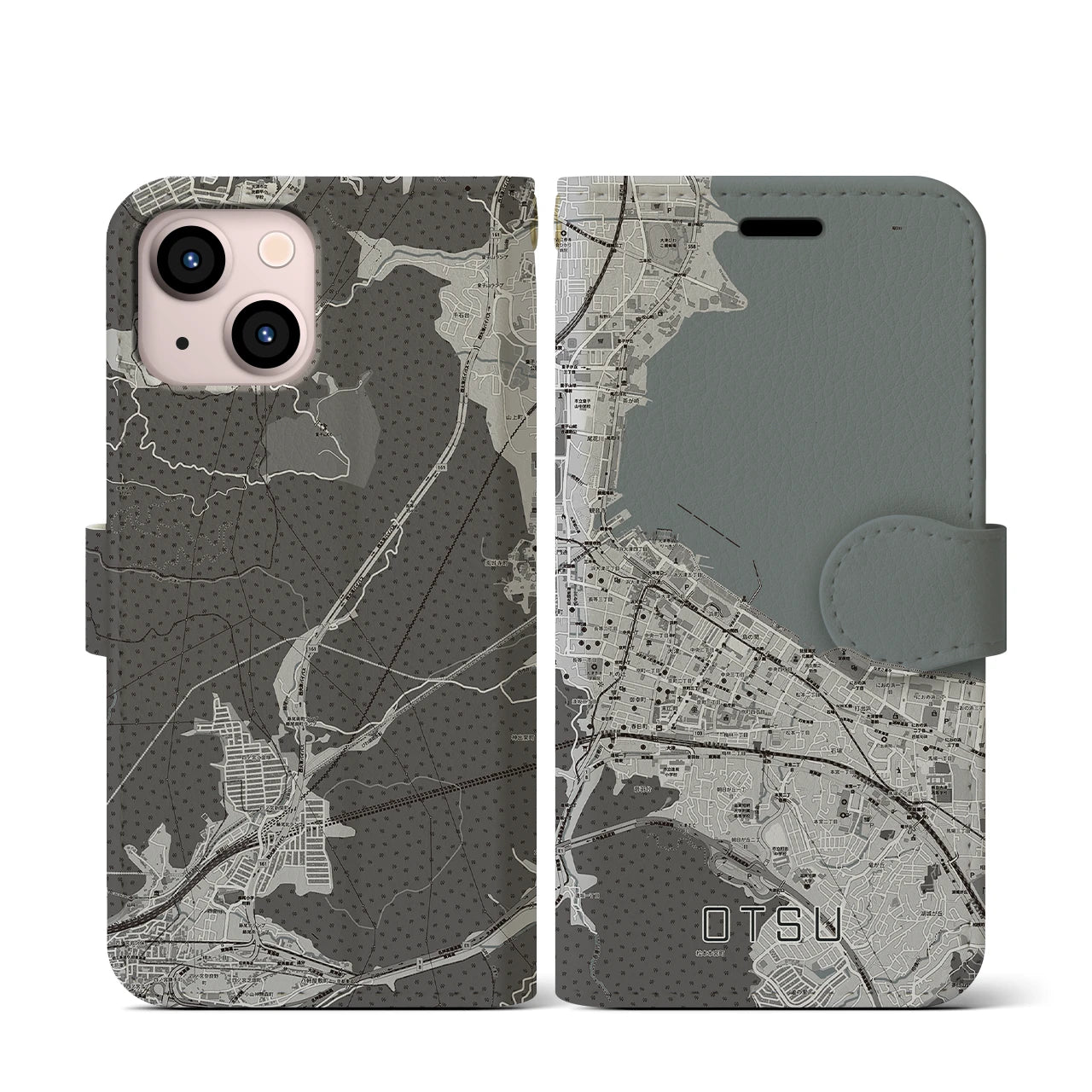 【大津(滋賀県)】地図柄iPhoneケース(手帳タイプ)モノトーン・iPhone 13 mini 用
