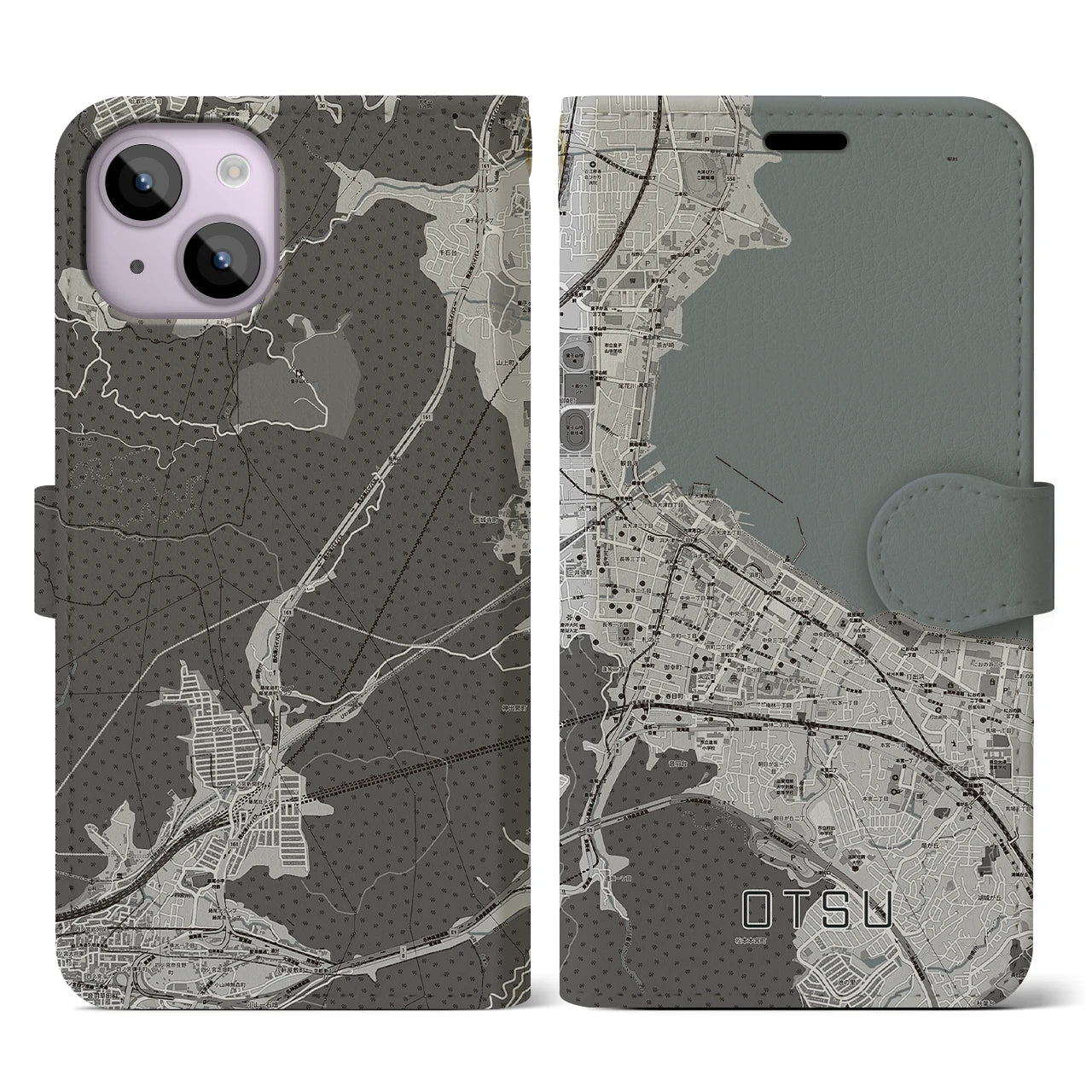 【大津(滋賀県)】地図柄iPhoneケース(手帳タイプ)モノトーン・iPhone 14 用