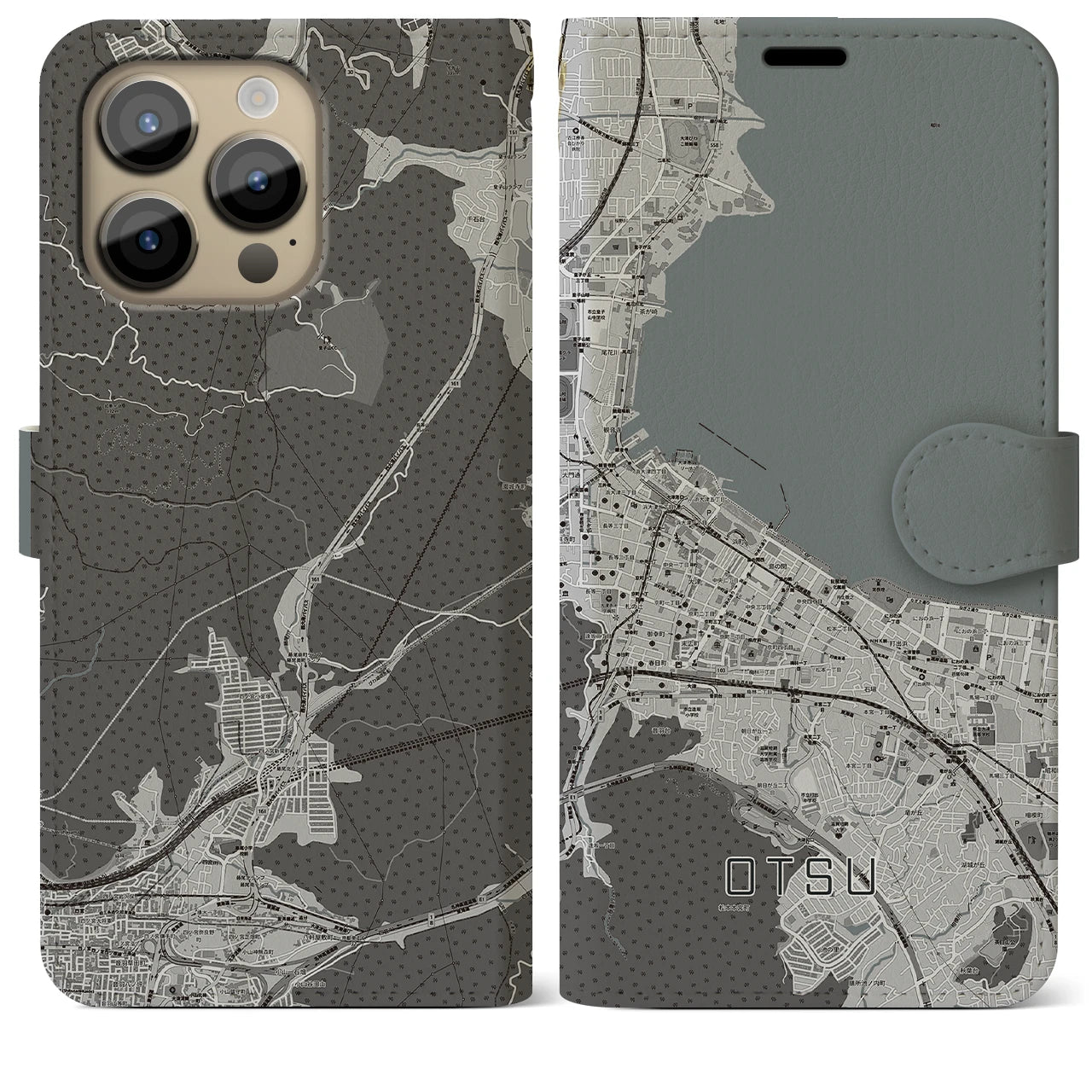 【大津(滋賀県)】地図柄iPhoneケース(手帳タイプ)モノトーン・iPhone 14 Pro Max 用