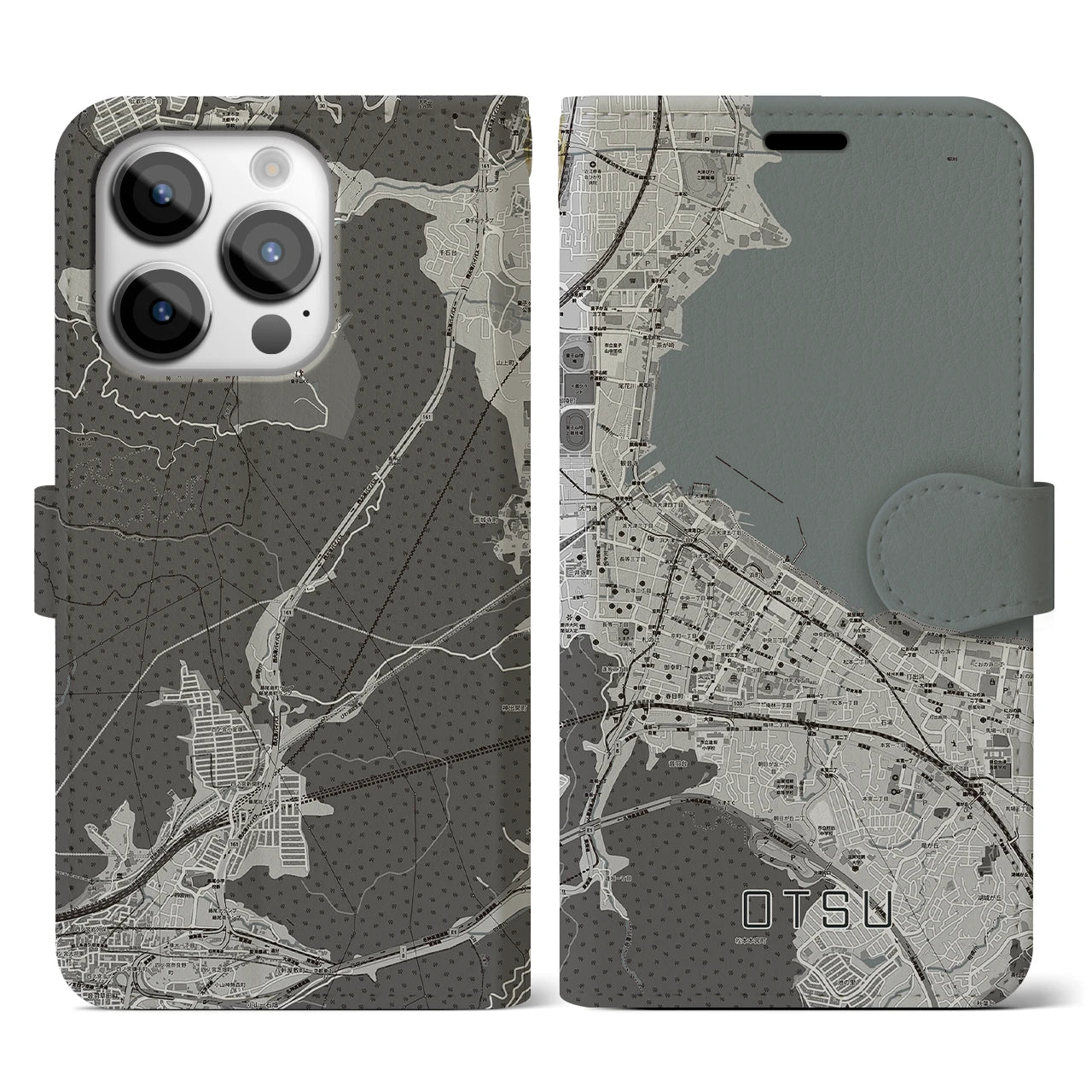 【大津(滋賀県)】地図柄iPhoneケース(手帳タイプ)モノトーン・iPhone 14 Pro 用