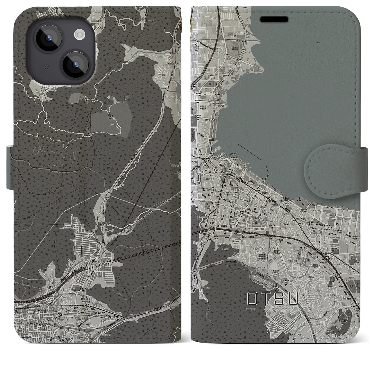 【大津(滋賀県)】地図柄iPhoneケース(手帳タイプ)モノトーン・iPhone 14 Plus 用