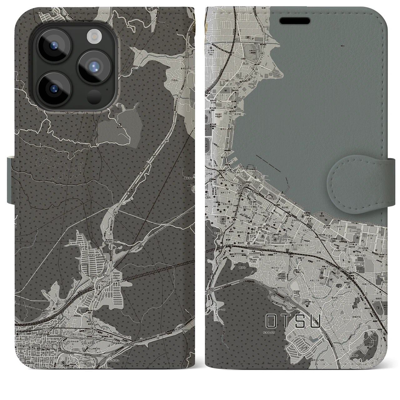 【大津(滋賀県)】地図柄iPhoneケース(手帳タイプ)モノトーン・iPhone 15 Pro Max 用