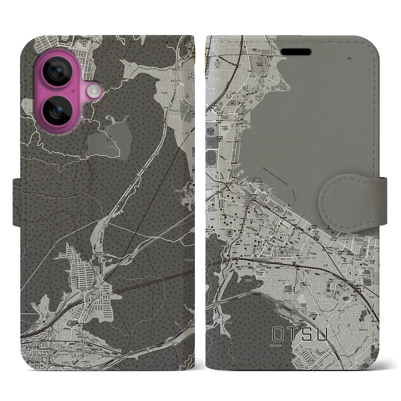【大津(滋賀県)】地図柄iPhoneケース(手帳タイプ)モノトーン・iPhone 16 Pro 用