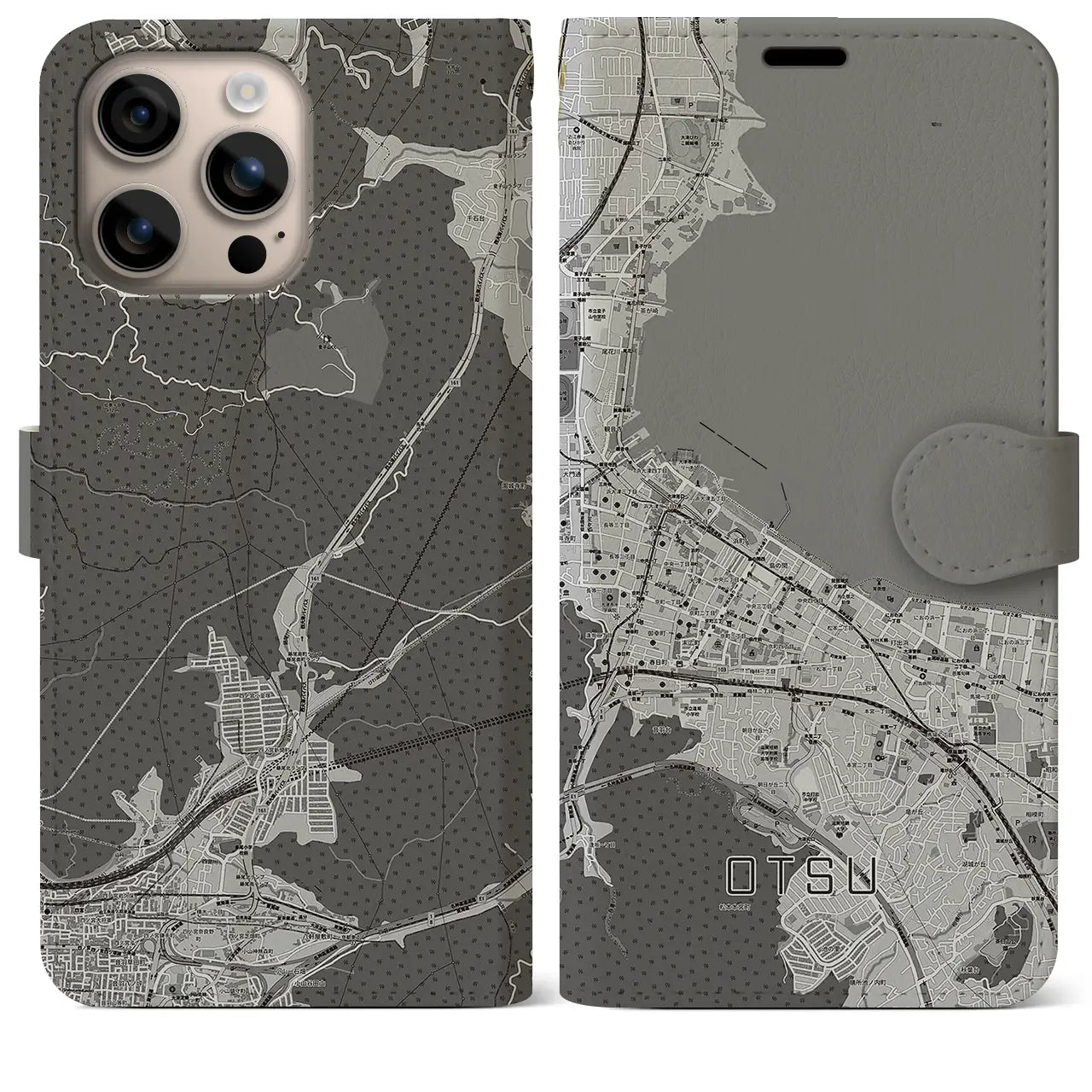 【大津(滋賀県)】地図柄iPhoneケース(手帳タイプ)モノトーン・iPhone 16 Plus 用
