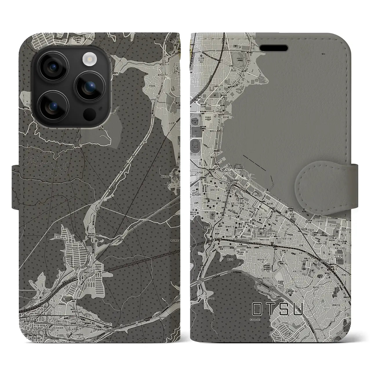 【大津(滋賀県)】地図柄iPhoneケース(手帳タイプ)モノトーン・iPhone 16 用