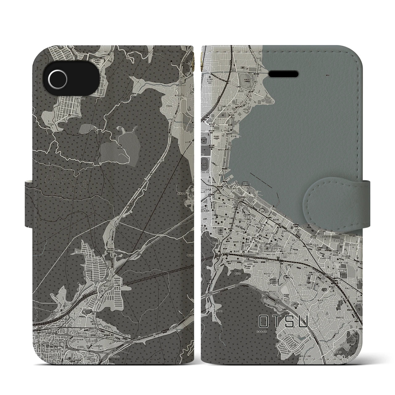【大津(滋賀県)】地図柄iPhoneケース(手帳タイプ)モノトーン・iPhone SE(第3 / 第2世代) / 8 / 7 / 6s / 6 用