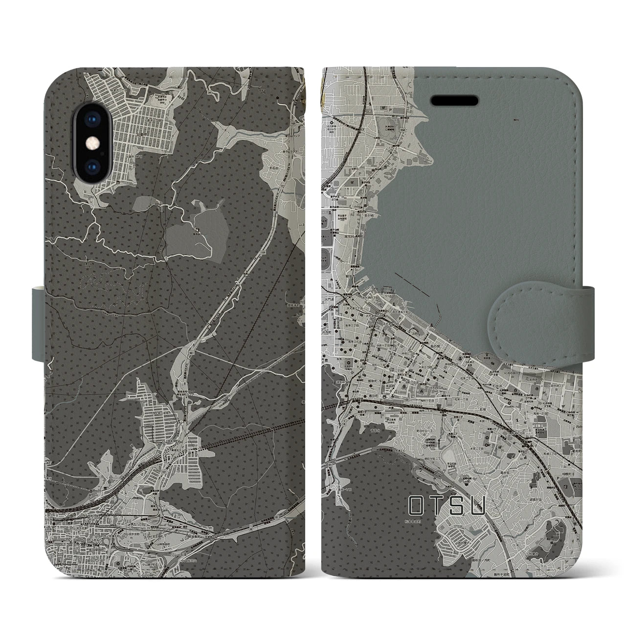 【大津(滋賀県)】地図柄iPhoneケース(手帳タイプ)モノトーン・iPhone XS / X 用