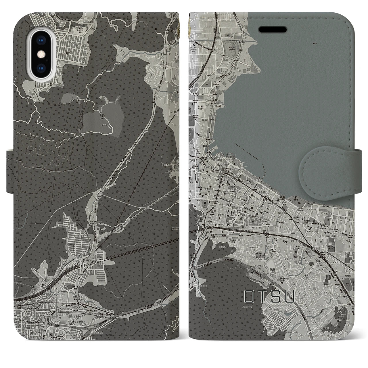【大津(滋賀県)】地図柄iPhoneケース(手帳タイプ)モノトーン・iPhone XS Max 用