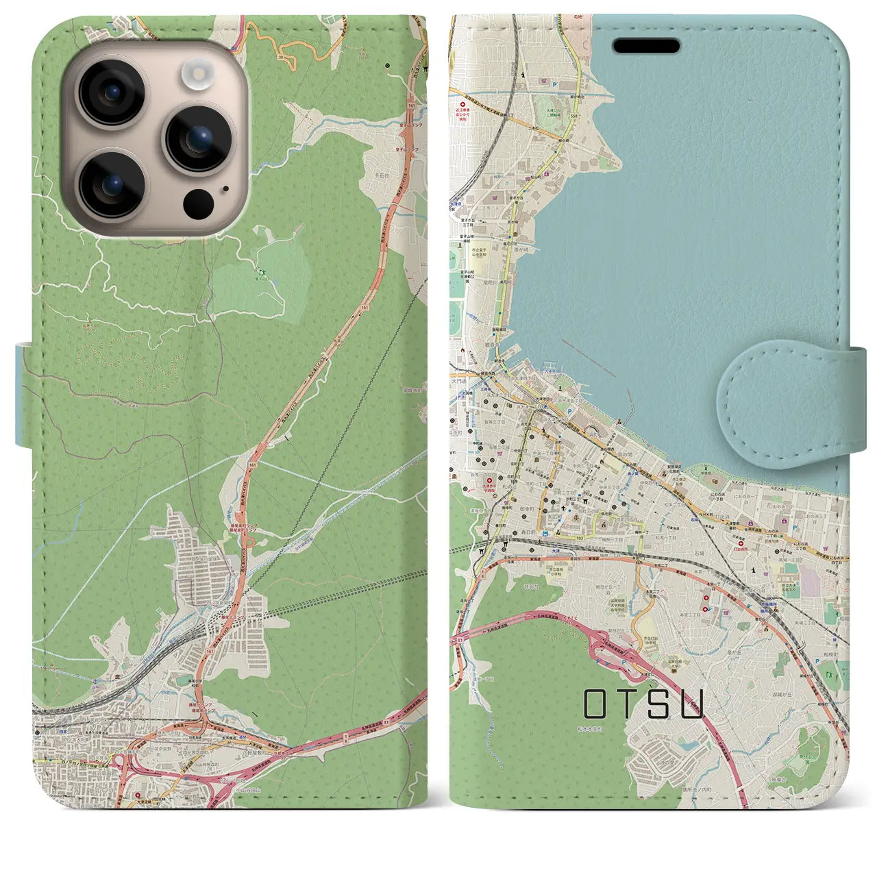 【大津(滋賀県)】地図柄iPhoneケース(手帳タイプ)ナチュラル・iPhone 16 Plus 用